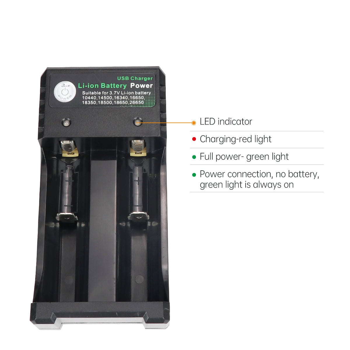 Li-ion Battery Power 2-Slots 18650 Battery Charger with USB