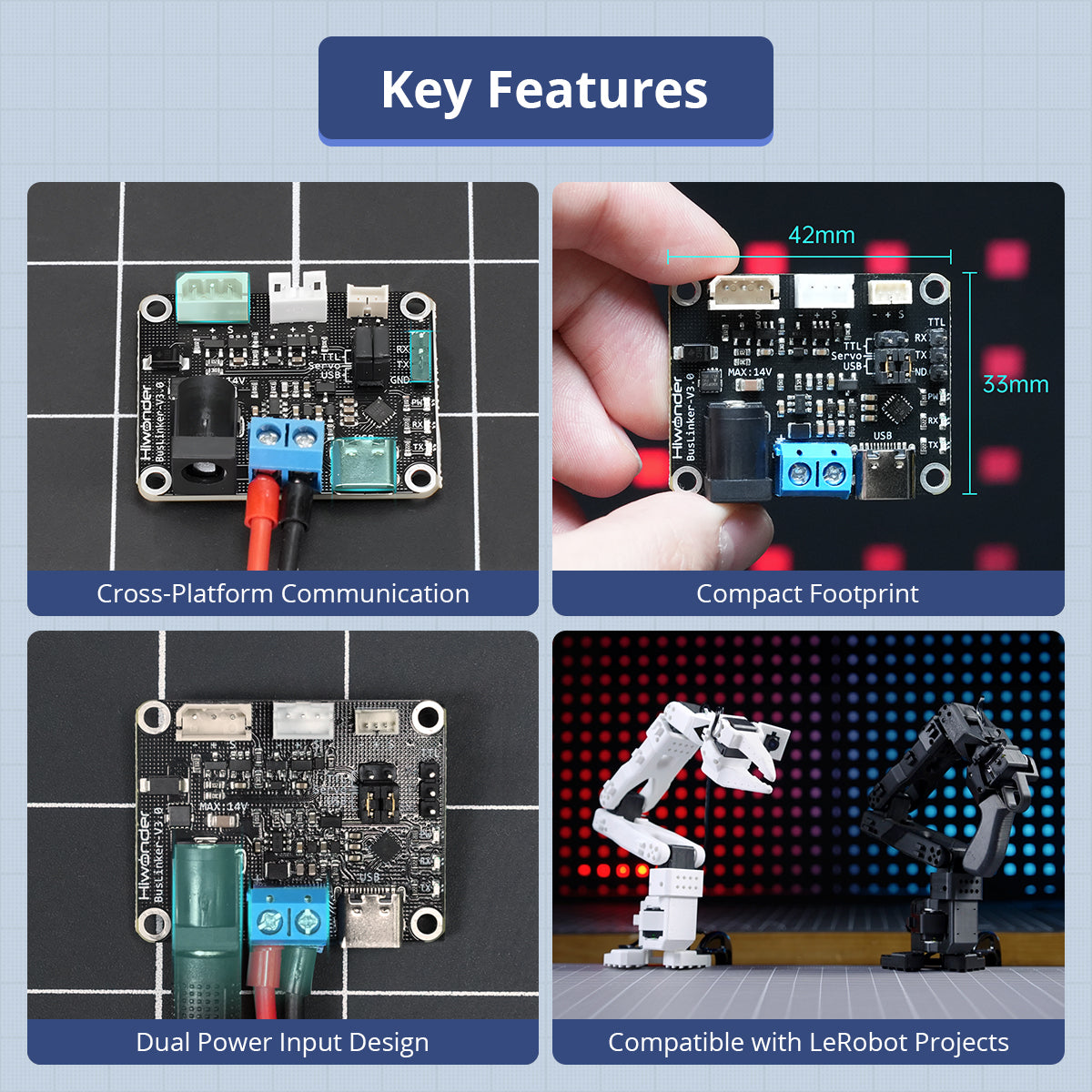 Cross-Platform Communication and Compact Footprint and Dual Power Input Design and Compatible with LeRobot Projects