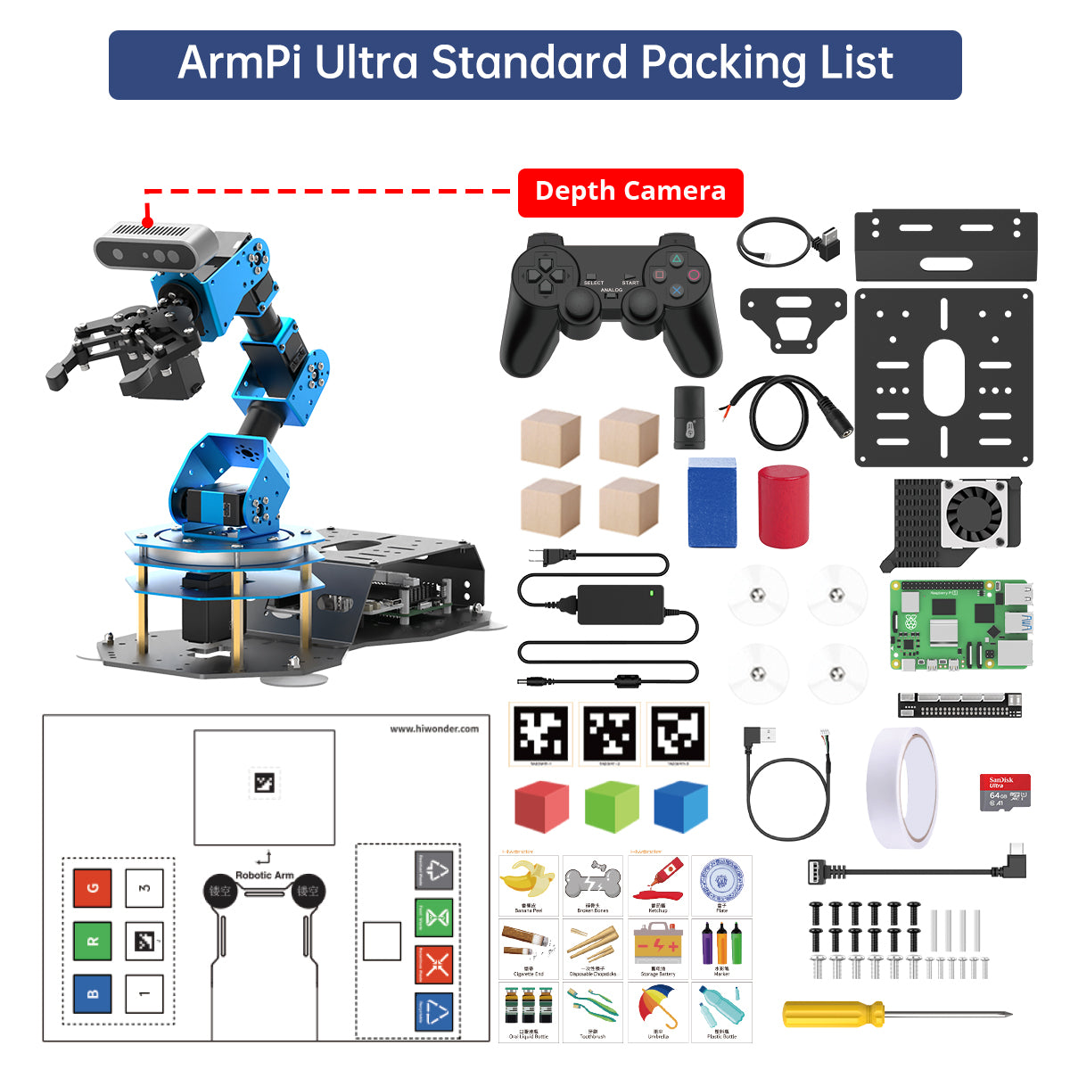 Hiwonder ArmPi Ultra ROS2 3D Vision Robot Arm, with Multimodal Large AI Model (ChatGPT), AI Voice Interaction, Vision Recognition, Tracking & Sorting