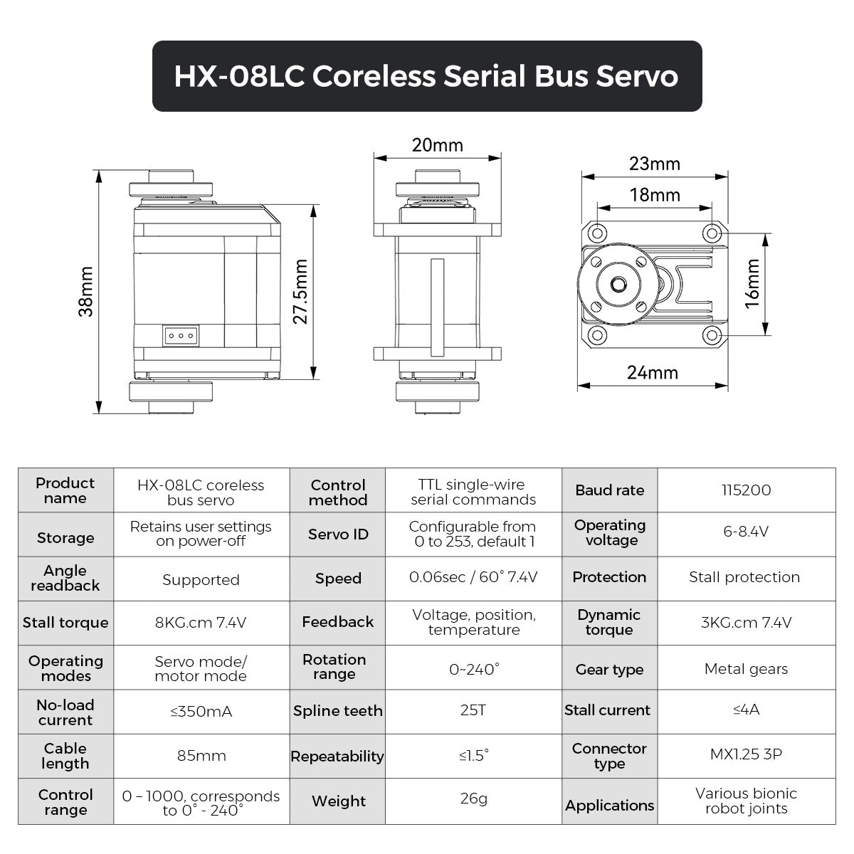 Hiwonder HX-08LC Micro Coreless Intelligent Serial Bus Servo 8 kg·cm High Torque & Speed, Dual-Shaft Full Metal Gear Motor for Embodied AI Robots