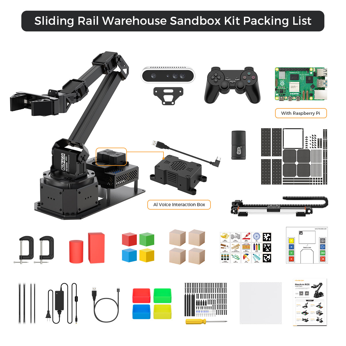 Hiwonder NexArm ROS Robotic Arm VLA Embodied AI Sliding Rail Warehouse Sandbox Open-Source Kit with NVIDIA/Raspberry Pi & ESP32 Dual-Controller Design, Multimodal Large AI Models & OpenClaw