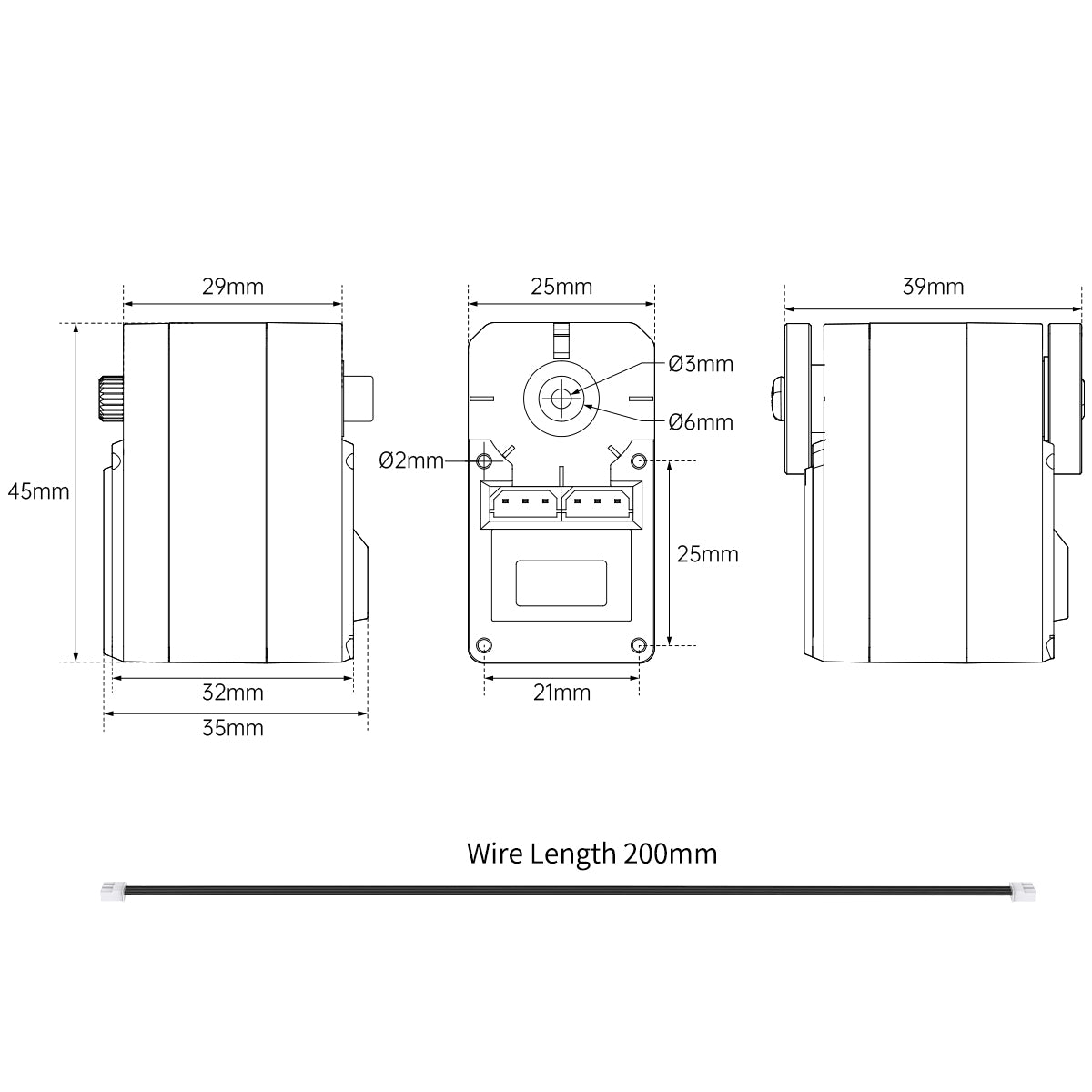 Technical drawing of a small electronic component with dimensions labeled