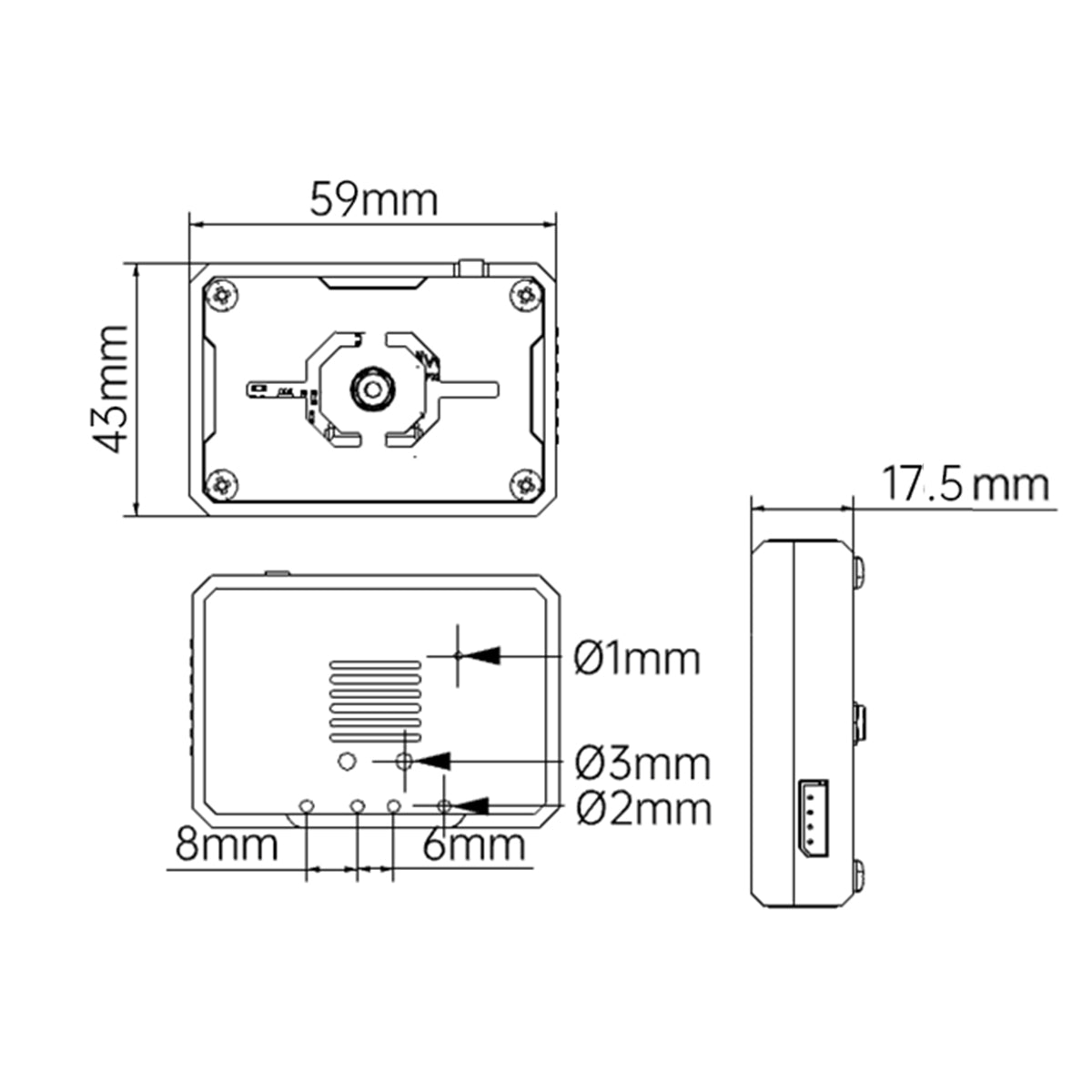 Hiwonder ESP32-S3 WiFi vision module dimension drawing showing 59×43×17.5mm body size, Ø3mm mounting holes with 8mm and 6mm spacing, and side connector layout