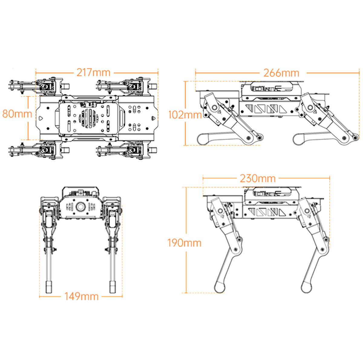 Four-view engineering diagram of a quadruped robot showing dimensions: 217×80mm (top), 266×102mm (side folded), 149mm width (front), 230×190mm (side standing)