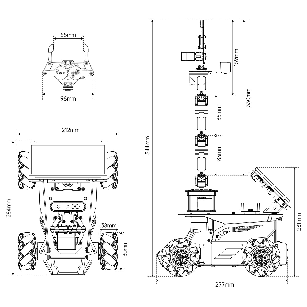 ROSOrin Pro ROS2 Robot Car Dimensions – 277×212×544mm with Mecanum Wheels, Front and Side View Technical Drawing