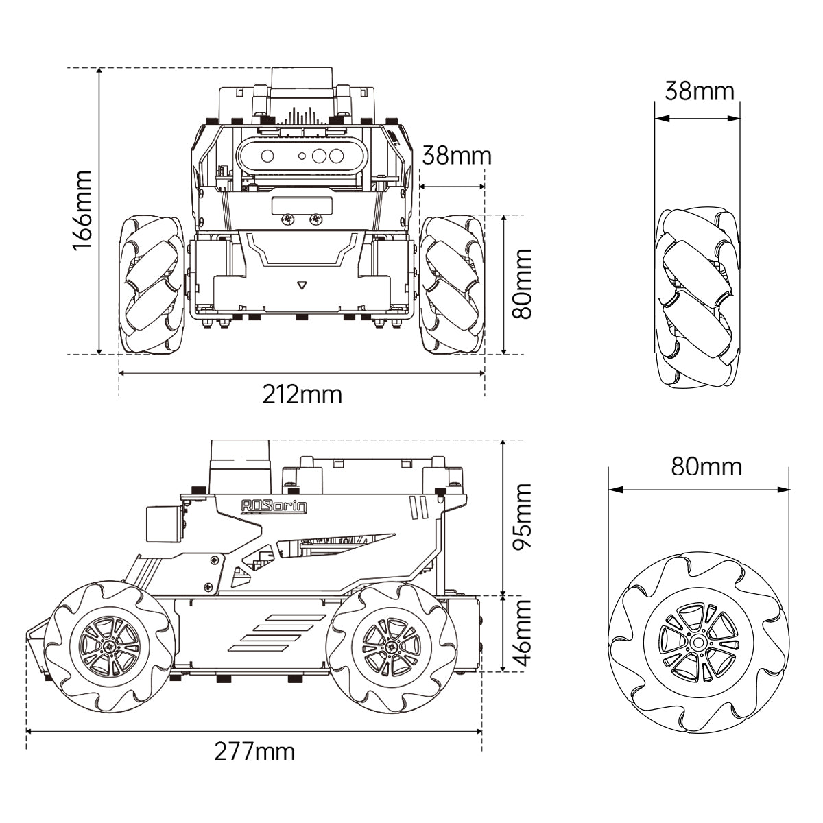 ROSOrin wheeled robot car dimensions diagram – 277×212×95mm with 80mm Mecanum wheels