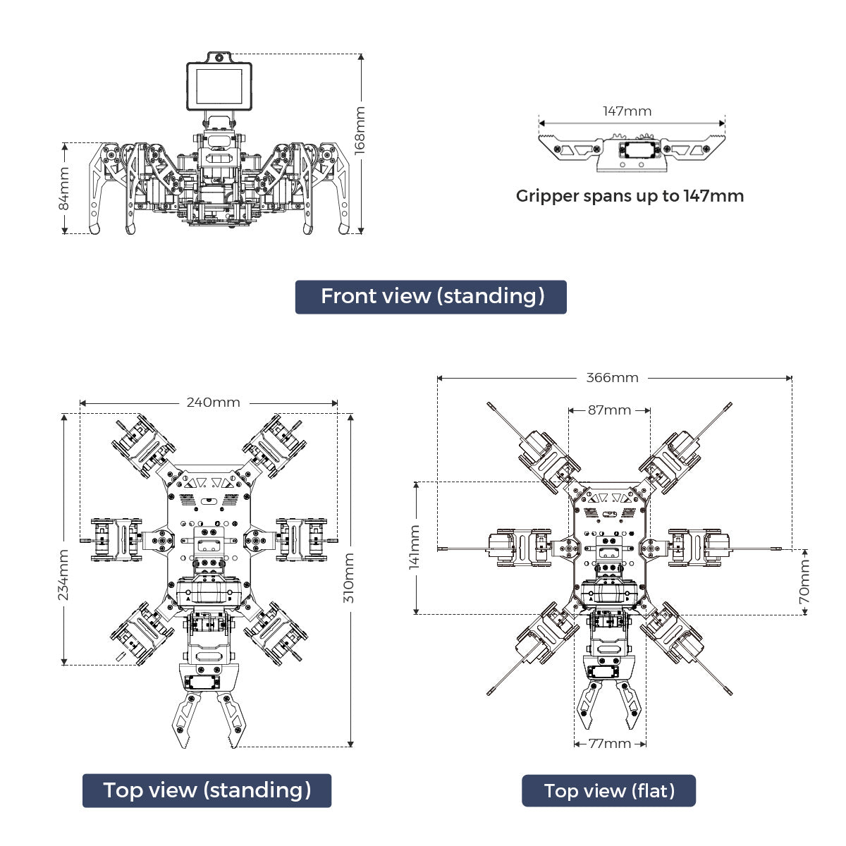 Technical line drawing showing dimensions of a robotic crawler or multi-leg robot, with front, top, and flat top views and measurements such as 68mm, 240mm, 310mm, 366mm, and 77mm. Text notes front view standing and top view standing.