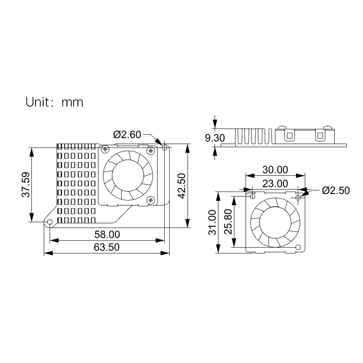 Hiwonder Raspberry Pi 5 active heat sink dimension drawing showing 63.5×42.5mm overall size, 37.59mm height, 9.3mm profile, Ø2.6mm and Ø2.5mm mounting holes with dual-view schematics
