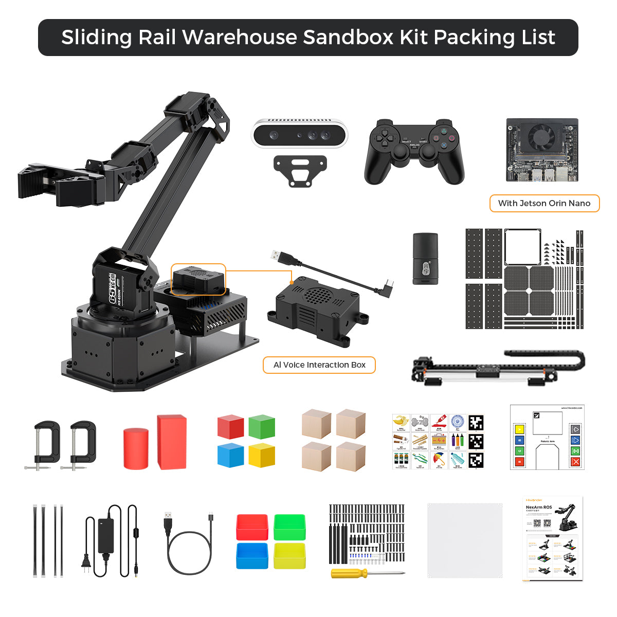 Hiwonder NexArm ROS Robotic Arm VLA Embodied AI Sliding Rail Warehouse Sandbox Open-Source Kit with NVIDIA/Raspberry Pi & ESP32 Dual-Controller Design, Multimodal Large AI Models & OpenClaw