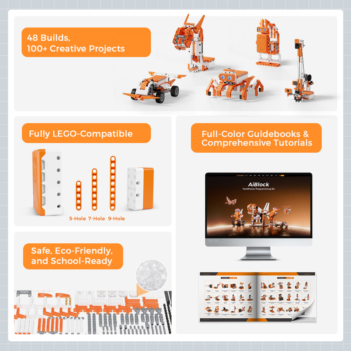 Hiwonder AiBlock TechPower Kit – ESP32 STEAM Programming & Robotics Kit with I2C Sensors, 48-in-1 Builds, Support Scratch & Python
