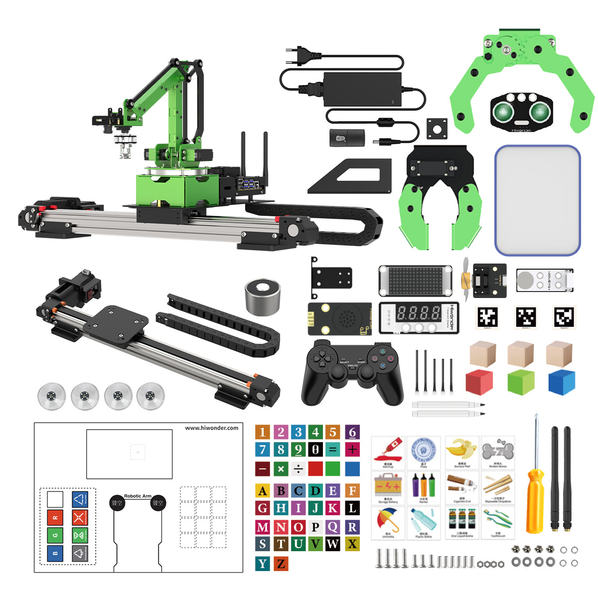A green Hiwonder JetMax Pro robot arm with a mecanum wheel chassis and wireless antennas, designed for AI vision and robotics tasks.