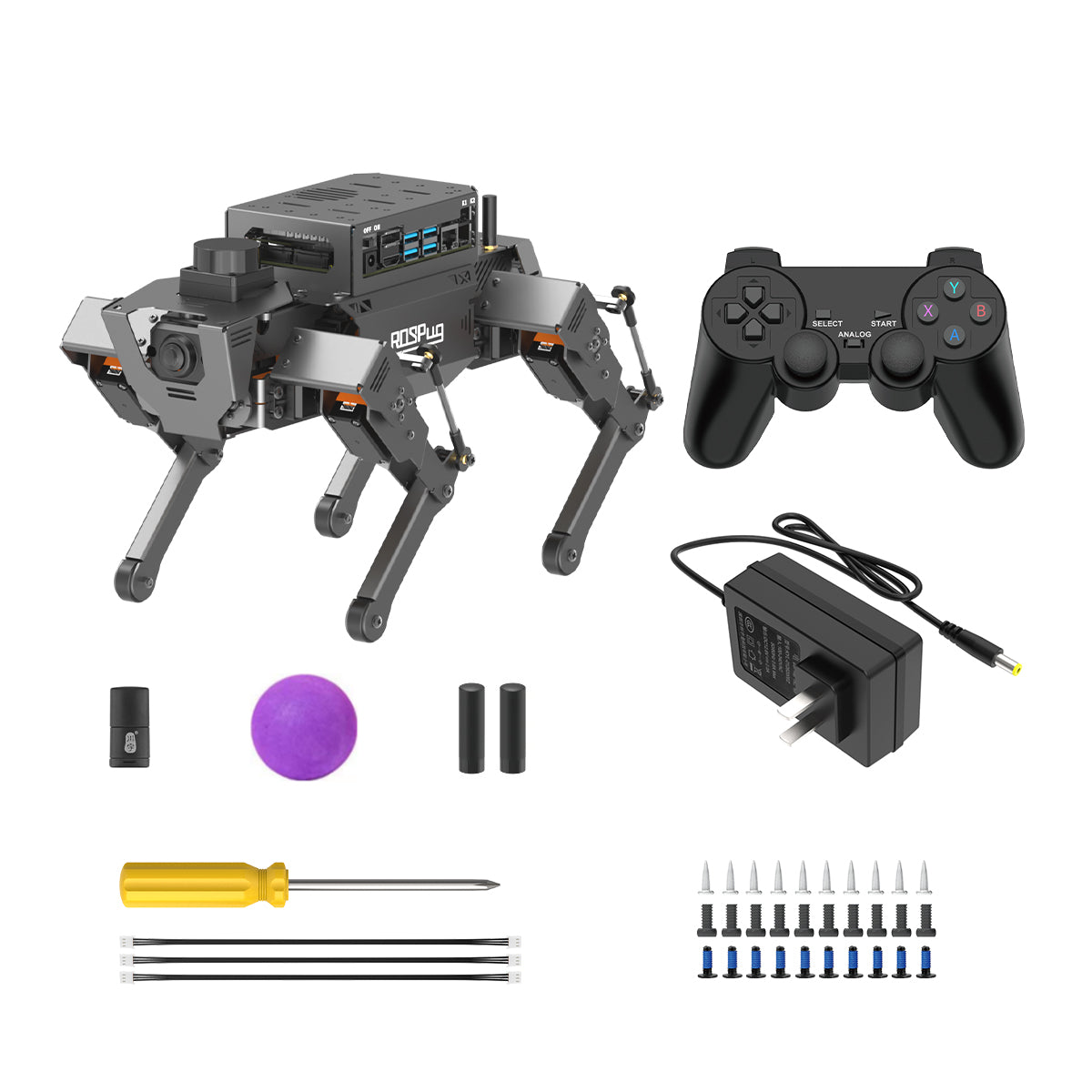 Hiwonder ROSPug AI quadruped robot dog full package with wireless PS2 gamepad controller, power adapter, screwdriver tools, screws, foam ball, and assembled robot body