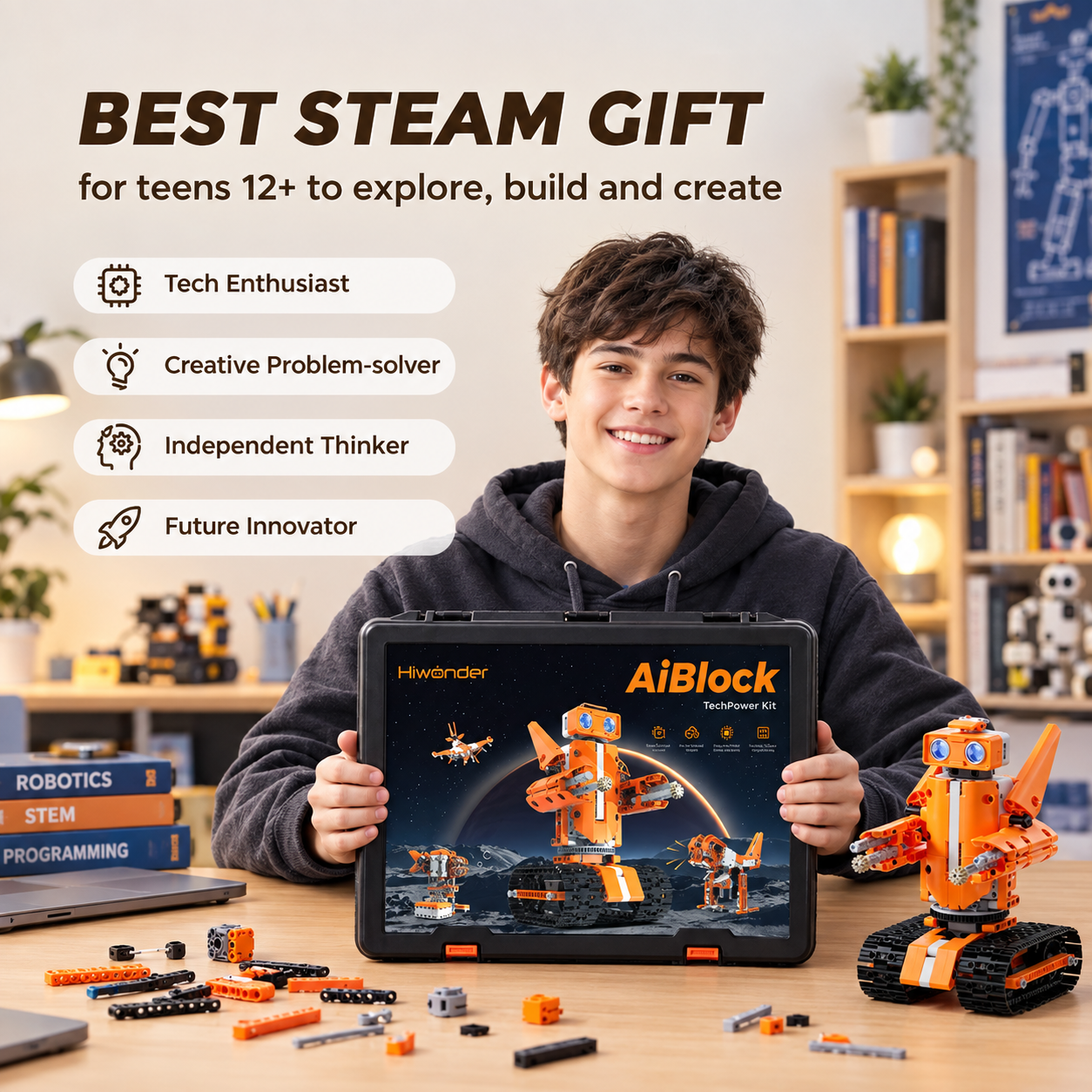 AiBlock TechPower Kit – ESP32 STEAM Programming & Robotics Kit with I2C Sensors, 48-in-1 Builds, Support Scratch & Python