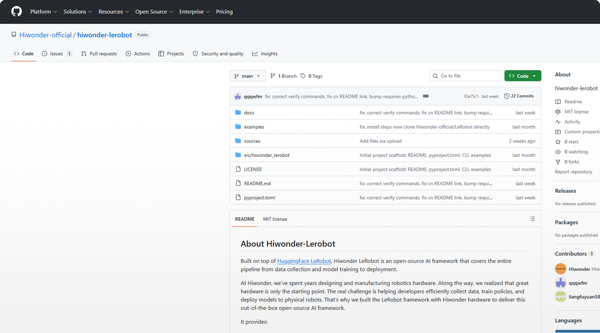 Hiwonder open-source projects on GitHub