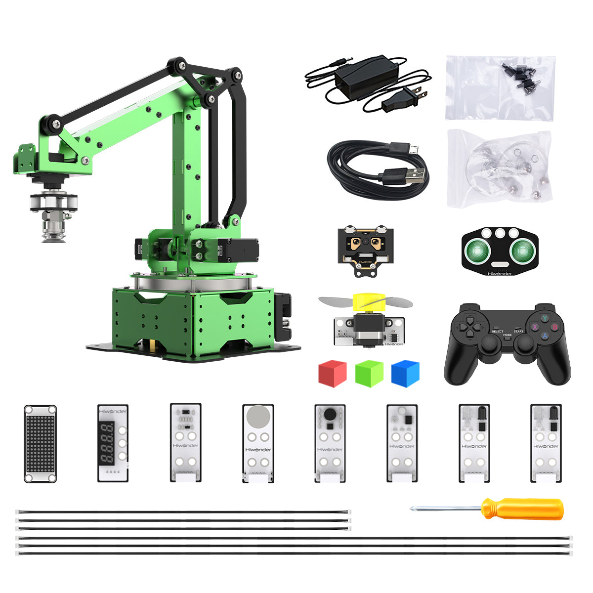 Robotic arm kit with components and accessories on a white background