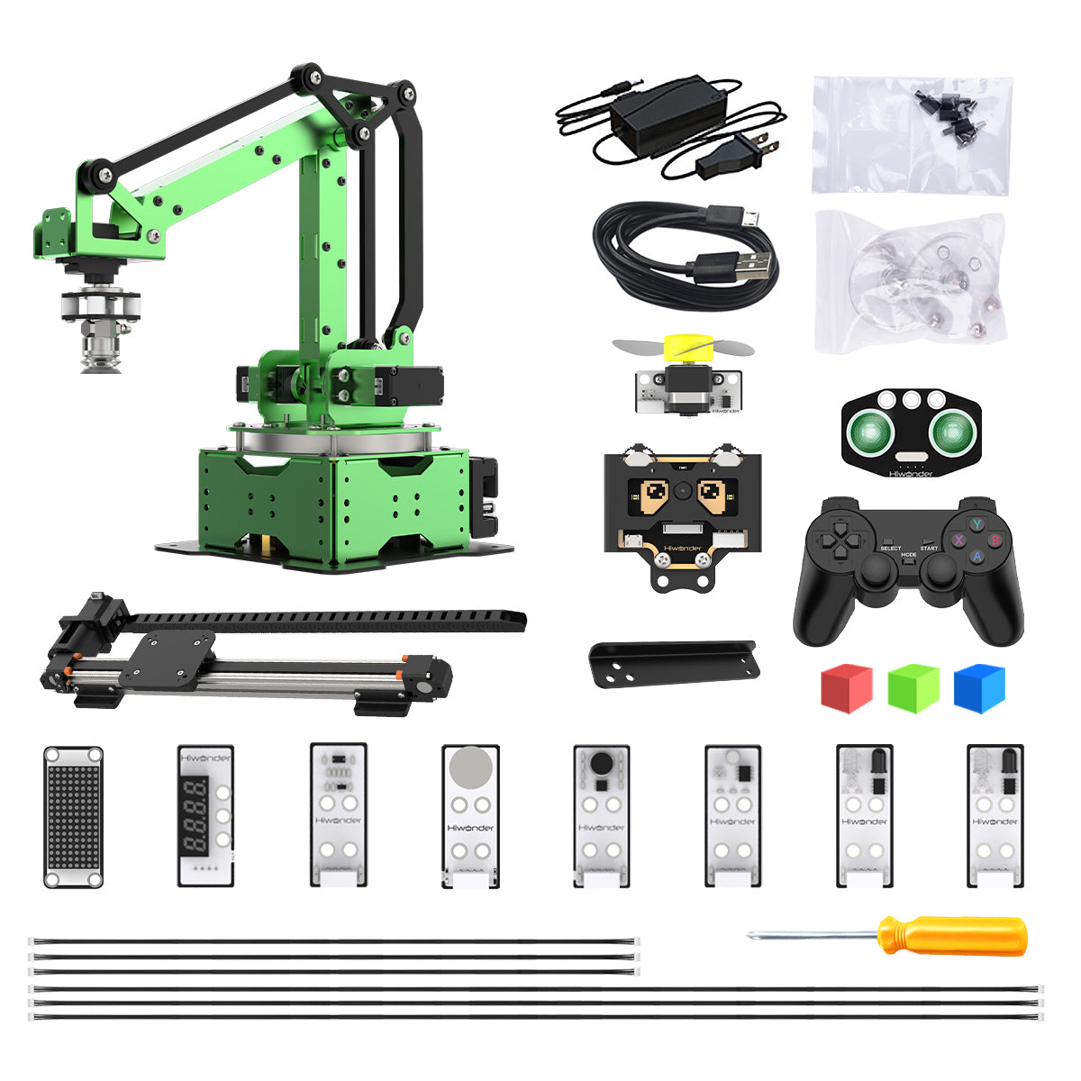 Collection of robotic arm components and accessories on a white background