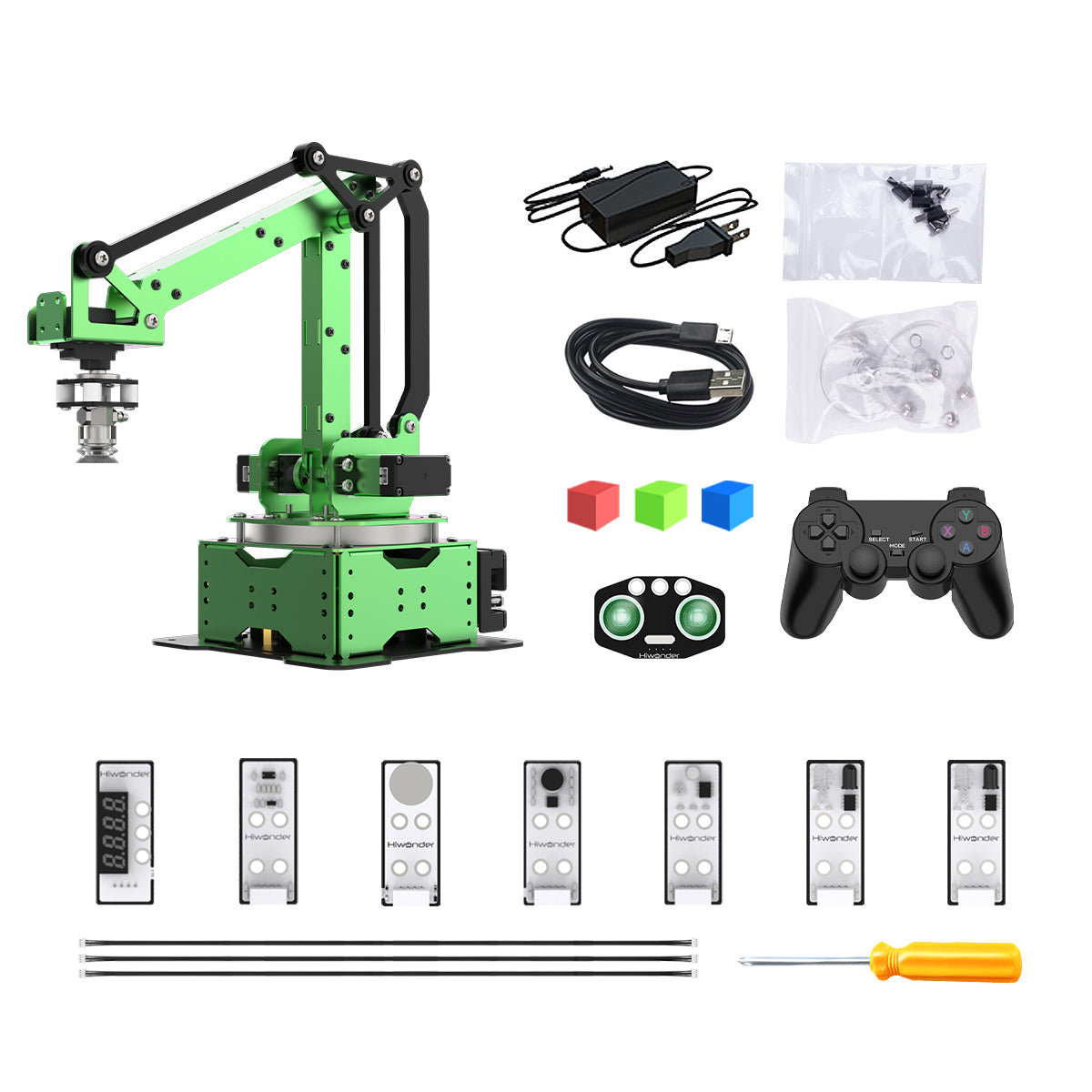 Robotic arm kit with accessories on a white background