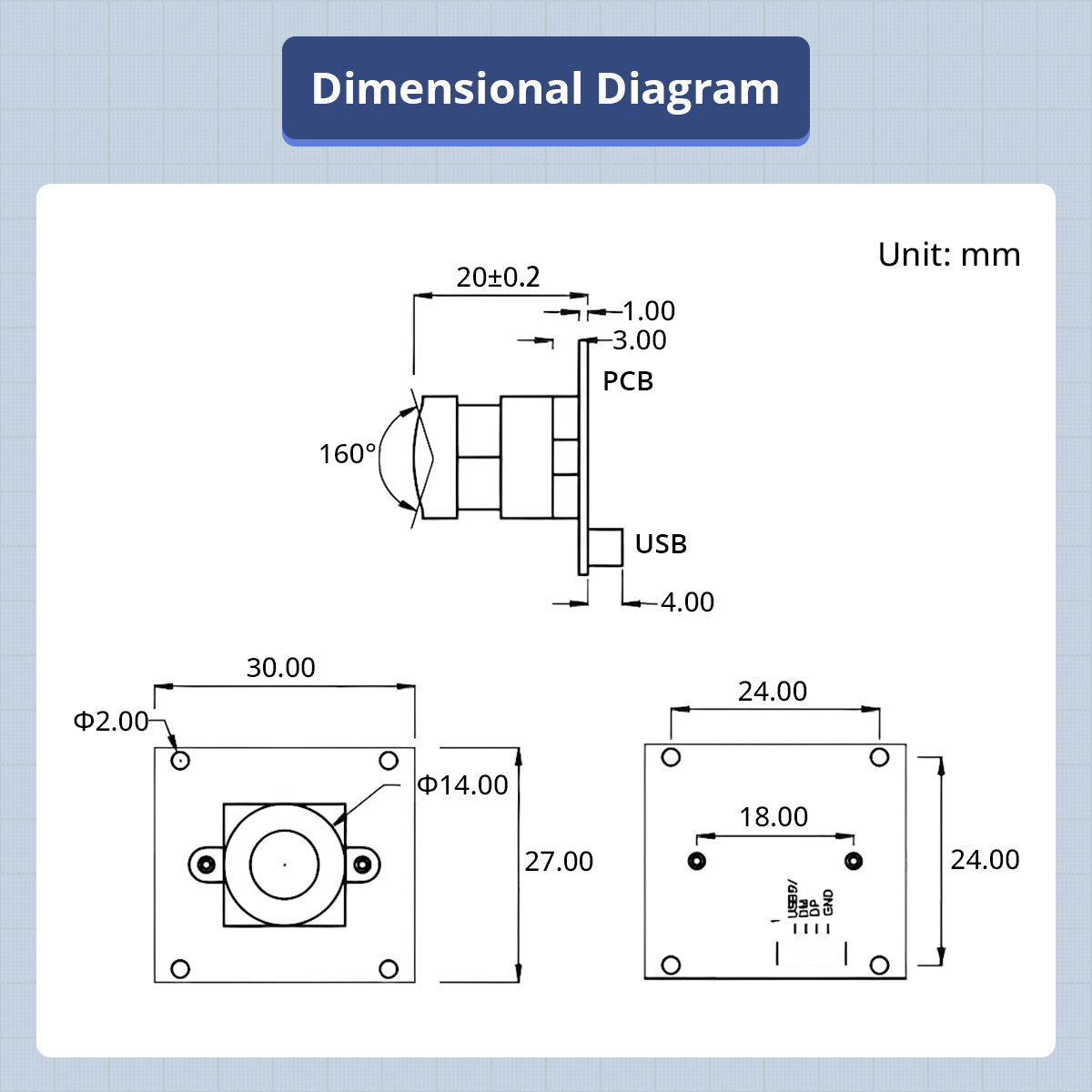 2-Megapixel USB Wide-Angle Camera, 160° FOV, Driver-Free, Compatible with ROS Robots, Raspberry Pi and Jetson Controllers