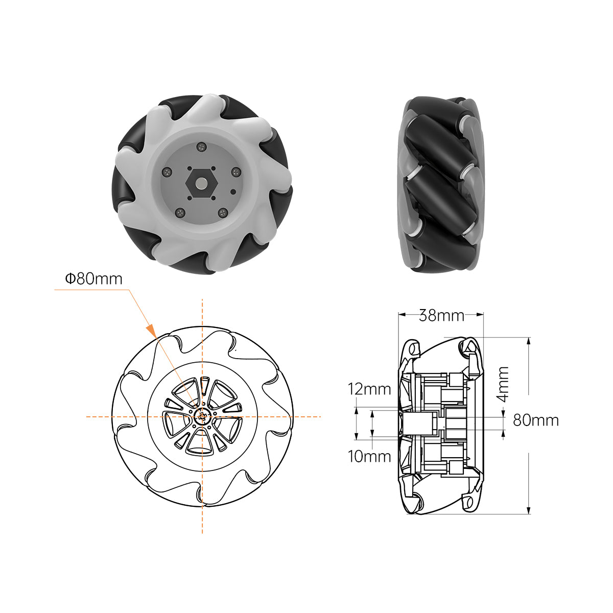 Mecanum Omnidirectional Wheel, Metal Coupling Motor, ROS Robot Universal Wheel, Smart Car Tire