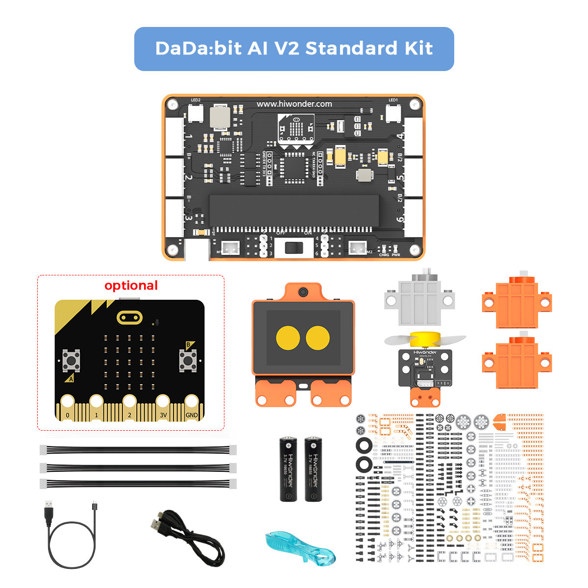 DaDa:bit A1 V2 Standard Kit components laid out on a white background, including a black and orange micro:bit board, orange motor module, black battery packs, screws, washers, wires, USB cable, and other small hardware. A blue header at the top reads 'DaDa:bit A1 V2 Standard Kit'.
