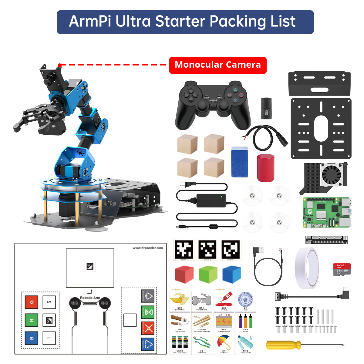 Hiwonder ArmPi Ultra ROS2 3D Vision Robot Arm, with Multimodal Large AI Model (ChatGPT), AI Voice Interaction, Vision Recognition, Tracking & Sorting