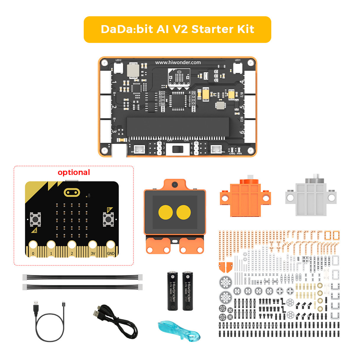 DaDa:bit AI V2 Starter Kit components arranged on a white background, including a main black circuit board, a black-and-gold micro:bit, an orange-and-black sensor, orange and gray motor components, screws, wires, USB cables, and a sheet of tiny hardware pieces.