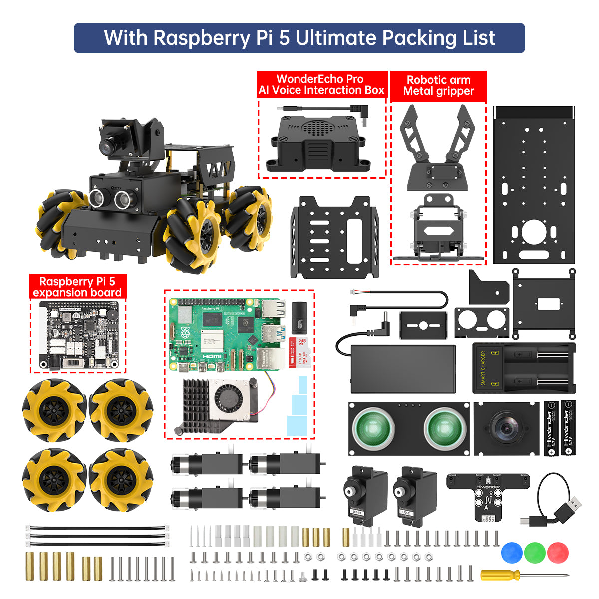 Hiwonder TurboPi Raspberry Pi Robot Car ROS2 with Mecanum Wheels, AI Vision & Tracking, Multimodal Large AI Model ChatGPT / Gemini / Grok / Llama, and Voice Interaction