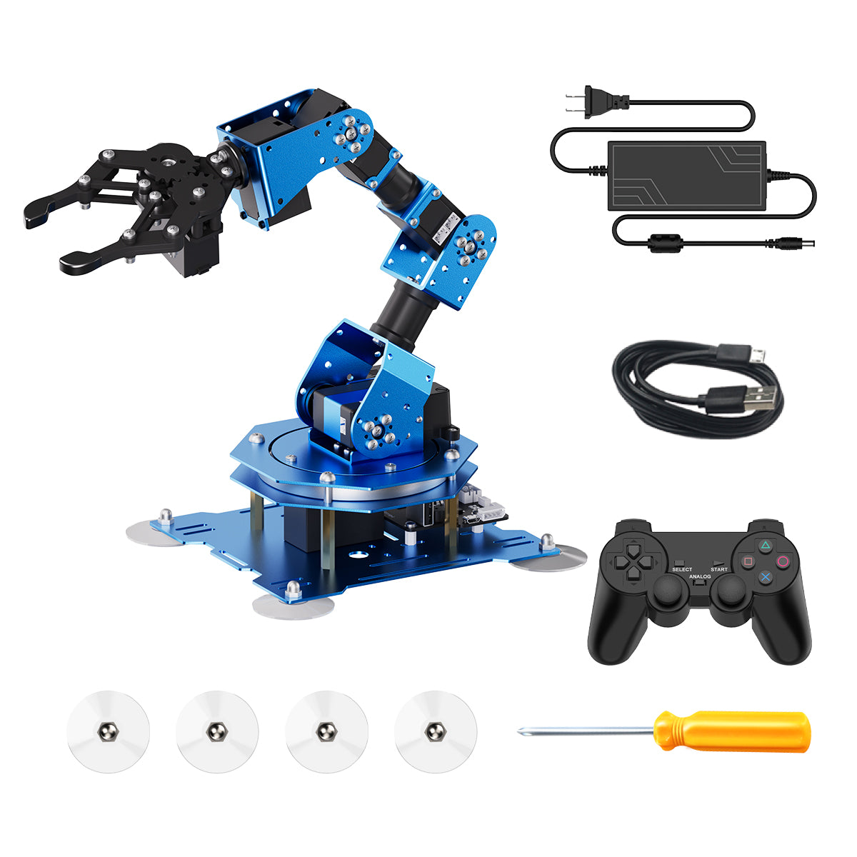 Blue robot arm kit with accessories on a white background