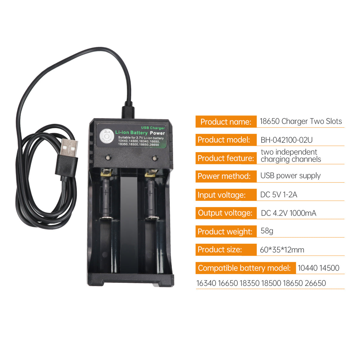 Li-ion Battery Power 2-Slots 18650 Battery Charger with USB
