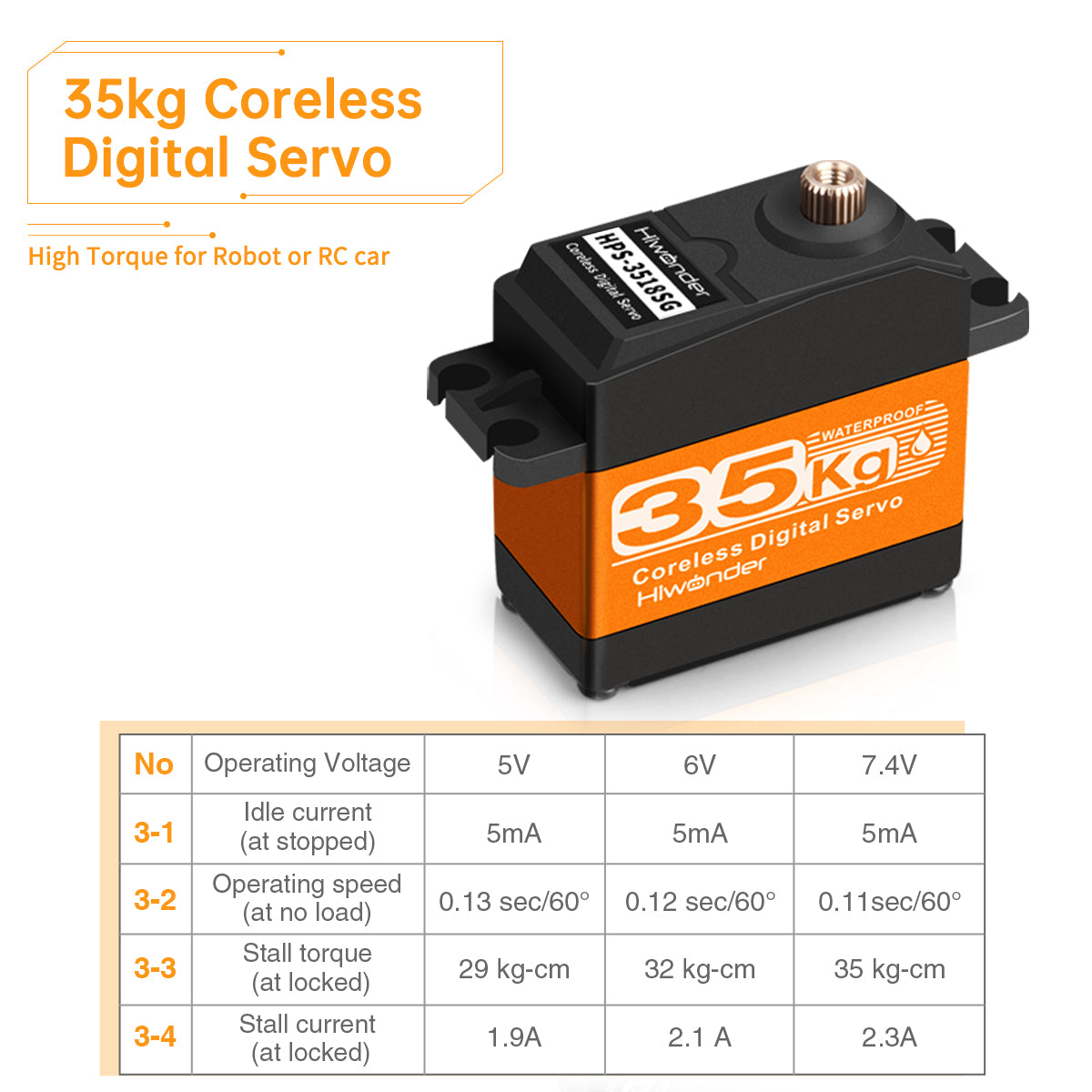 Hiwonder HPS-3518SG 35kg Coreless Digital Servo Metal Gear and Waterpoof Servo for Robotic DIY, RC Car (Control Angle 180°)