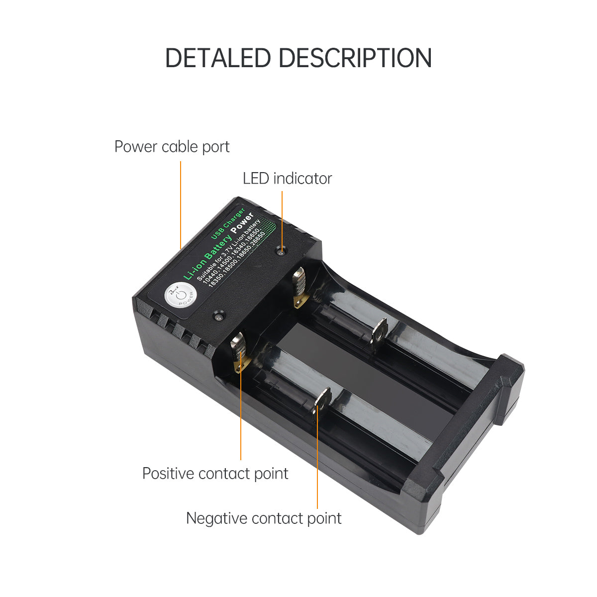 Li-ion Battery Power 2-Slots 18650 Battery Charger with USB