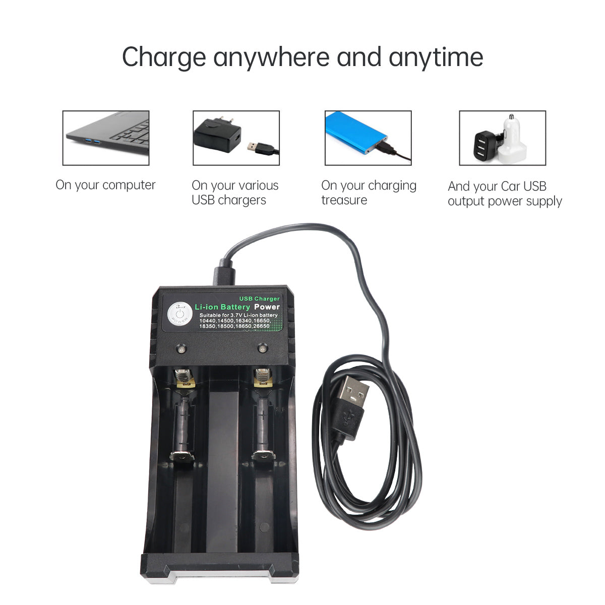 Li-ion Battery Power 2-Slots 18650 Battery Charger with USB