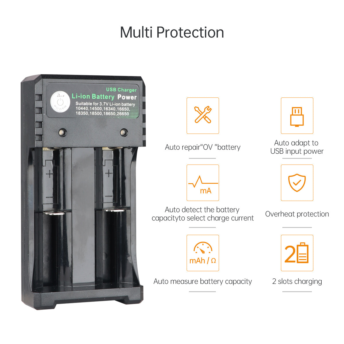 Li-ion Battery Power 2-Slots 18650 Battery Charger with USB